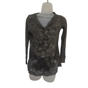 RXB Women Olive Green‎ Graphic Lace Trim Rhinestone V-Neck Long Sleeve Top Small